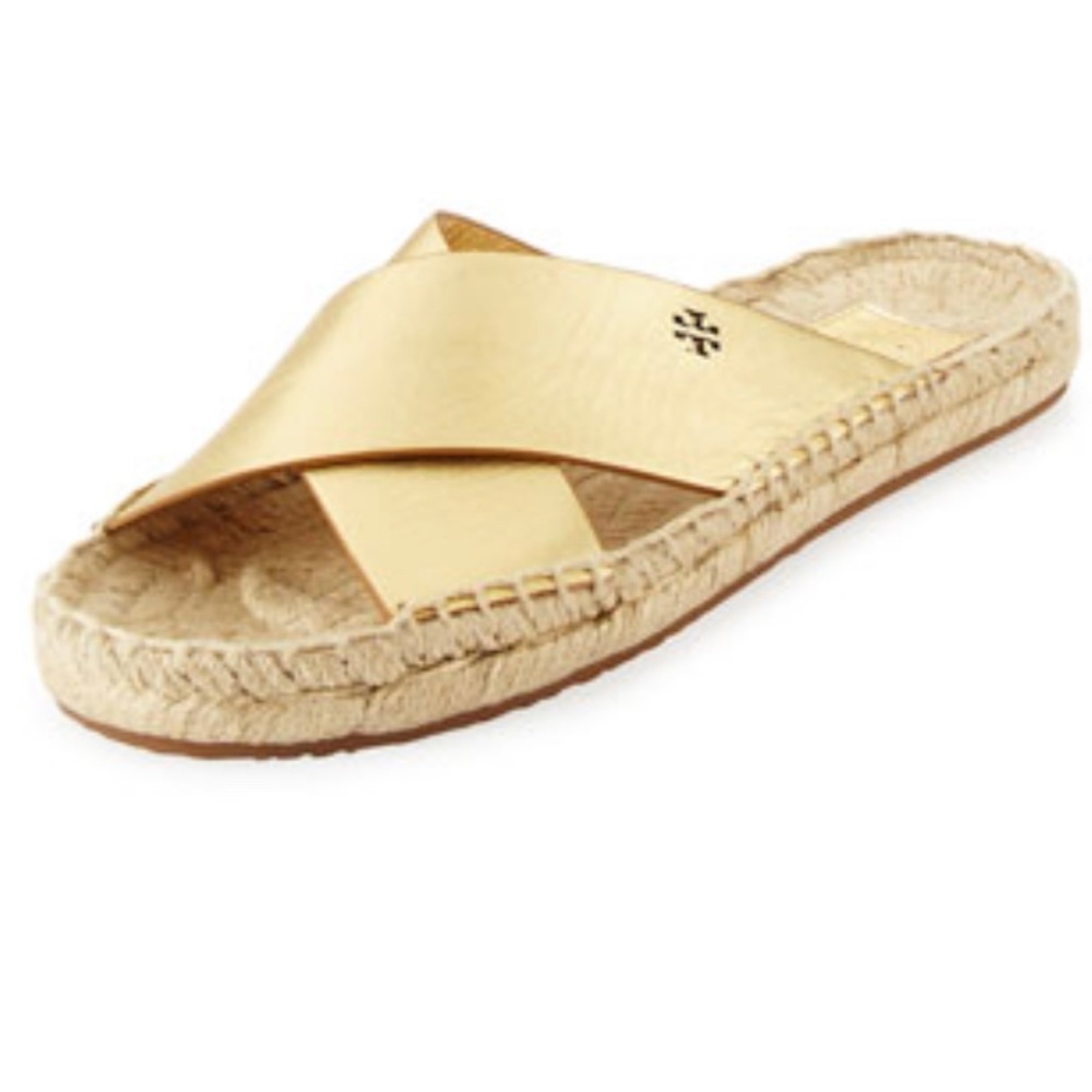 Tory Burch Bima Metallic Flat Espadrille Slide Sandal, Gold